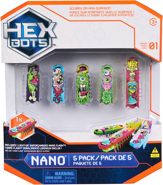 HEX BOTS nano 5 Pack, 4 nano Bots met extra Flash nano, sensorisch speelgoed voor kinderen en katten met trillingstechnologie, insecten- en minirobotspeelgoed