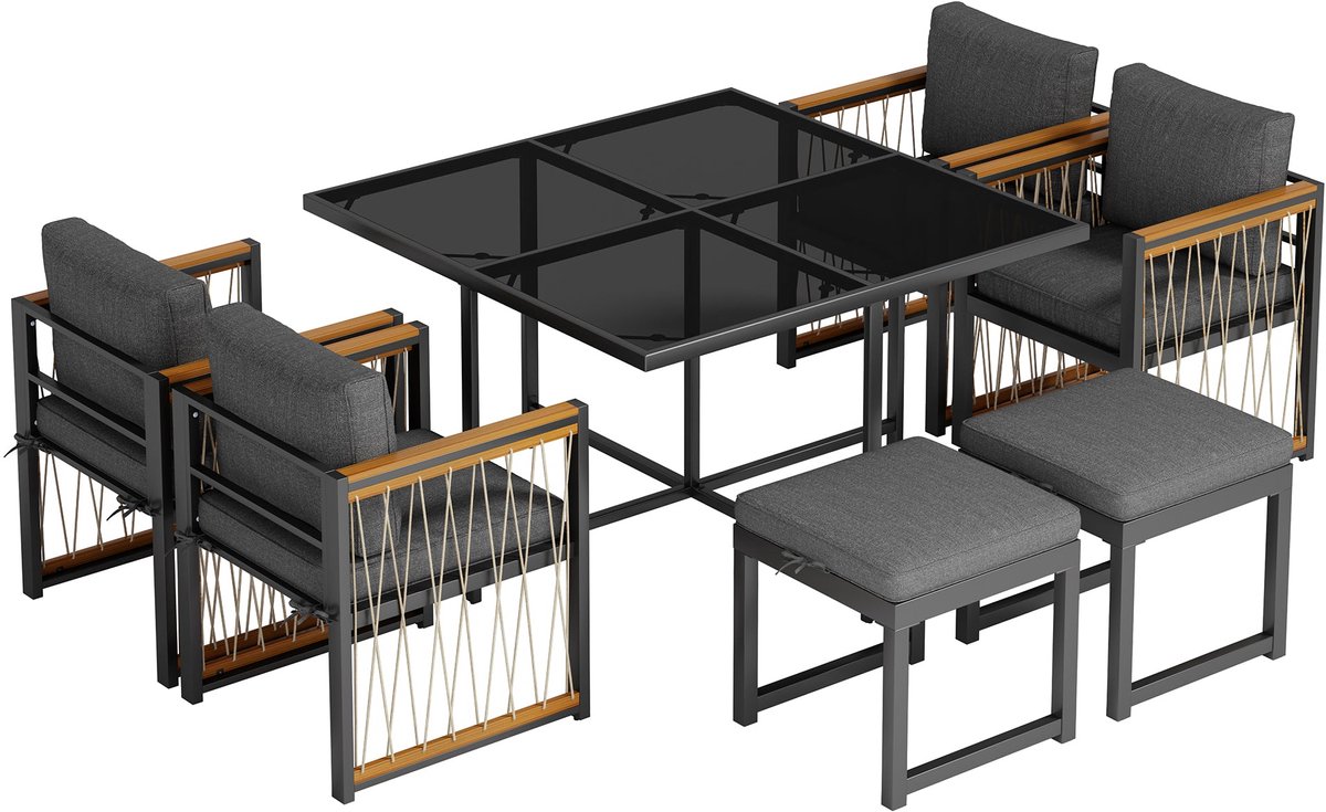 Merax Tuinset 6 Personen Hout Eettafelset voor Buiten met Glazen Tafel En Acaciahout Stoelen - Zwart met Grijs en Natuurlijke Bruine Houttinten