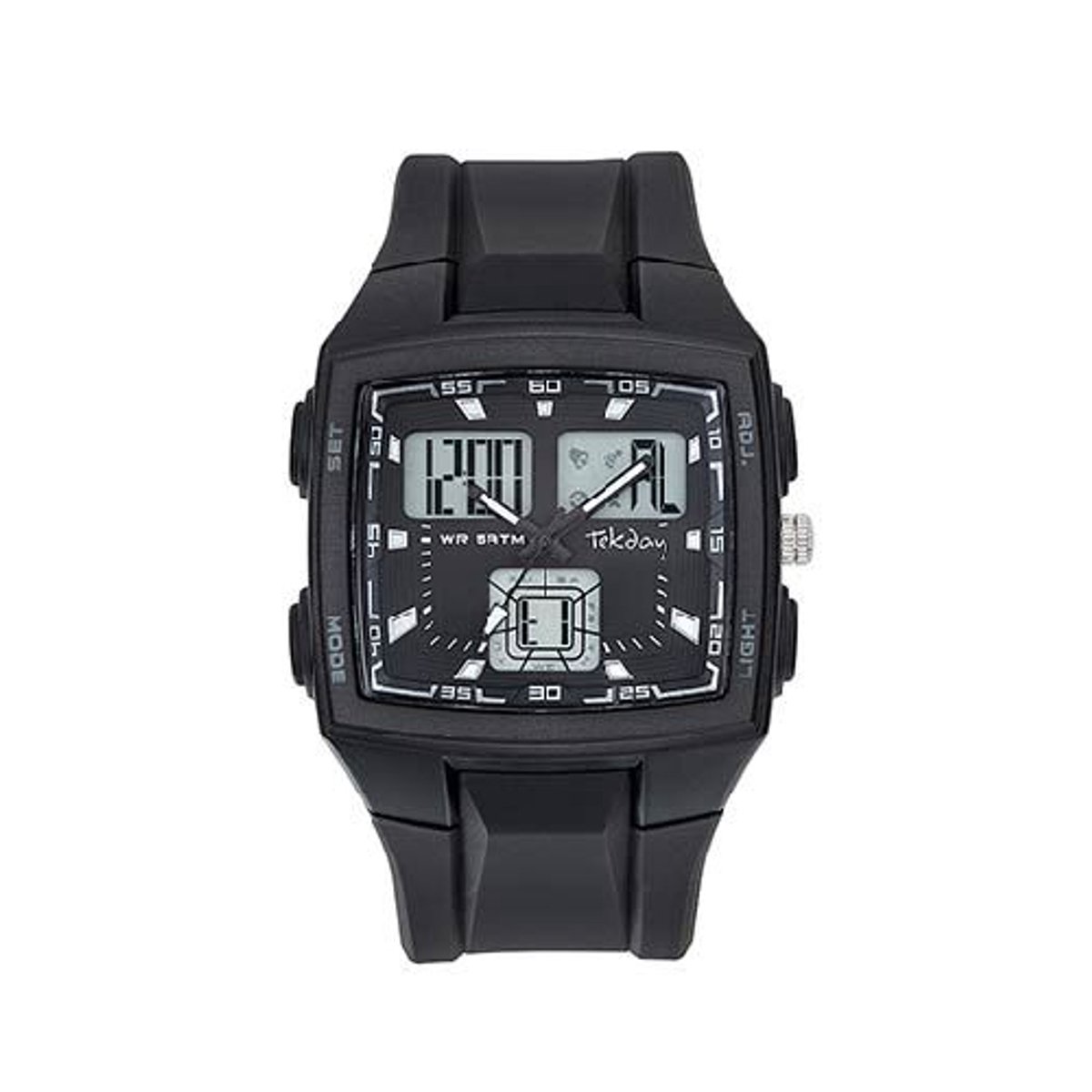Tekday-herenhorloge-model 655980-zwart-5 atm waterdicht-2 tijden -stopwatch-alarm-licht-countdown timer-digitaal en analoog-afmeting 44 x 39 mm39