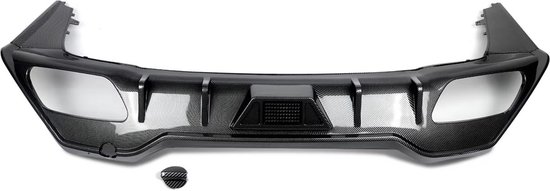 Zwarte carbon fiber achterbumper diffuser, vooraanzicht, met detail van het materiaal.