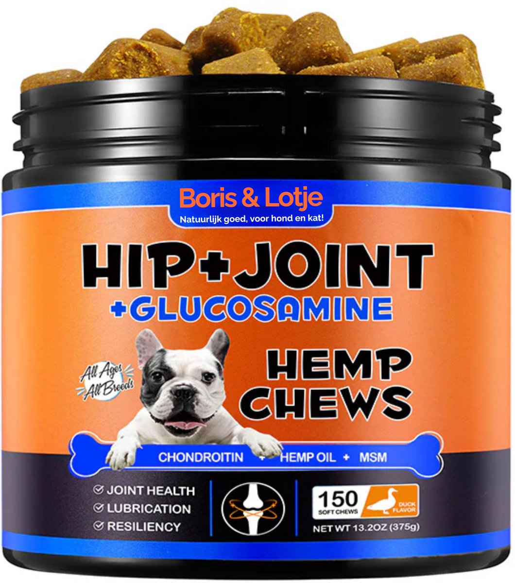 Boris & Lotje - Heup & Gewrichten supplement met Glucosamine - 100% natuurlijk - 150 zachte hondensnoepjes - Bevordert Soepele Gewrichten - Met eend smaak