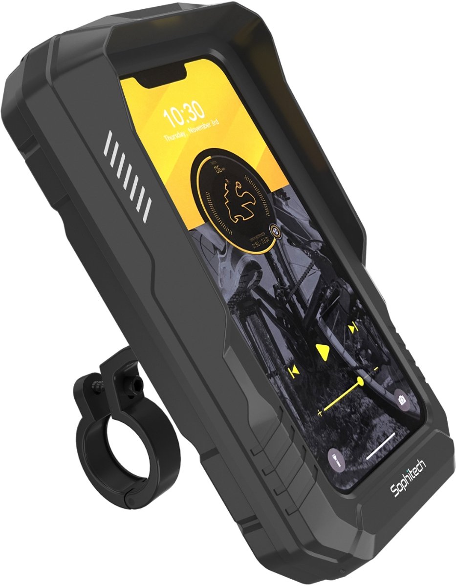 Sophitech BikeMount Pro - Telefoonhouder Fiets Waterdicht - Supersnelle en Eenvoudige Bediening - Geschikt voor Fiets, Fatbike, Motor & Scooter - GSM Houder Fiets - Smartphonehouder met Touchscreen & Zonneklep