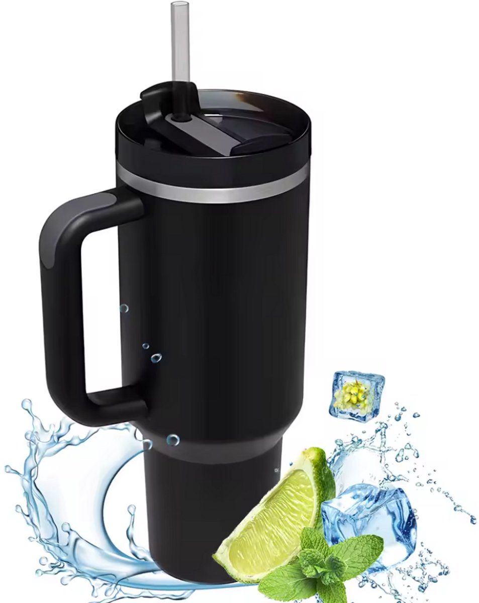 MOONOVA - Trendy Thermosbeker RVS met Rietje 1200 ML - Waterfles voor Kinderen & Volwassenen - Zwart