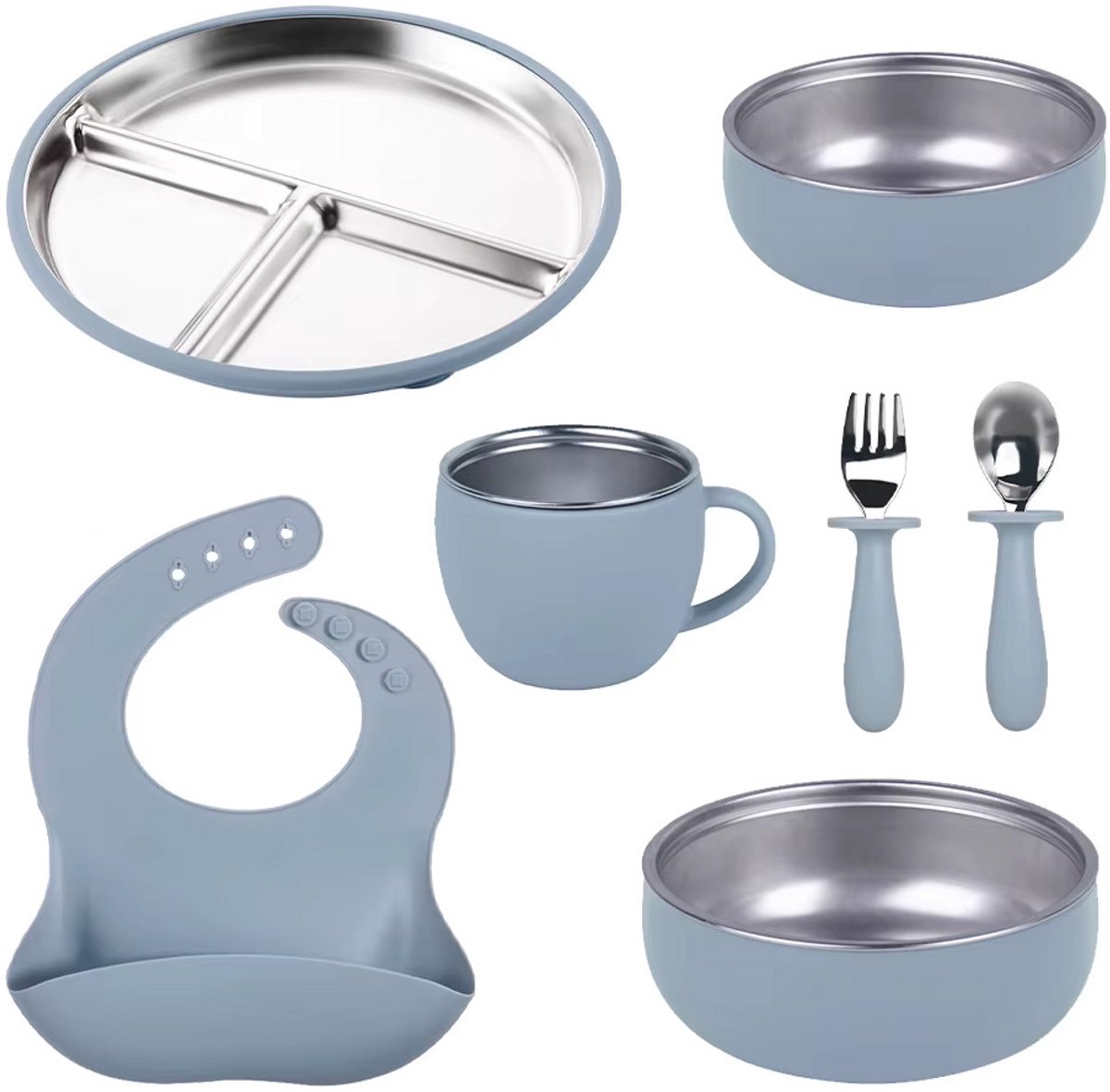 MOJINL Babyserviesset van roestvrij staal met zuignap, 6 stuks, roestvrij staal, kinderserviesset met babybord, drinkbeker, babyslabbetje met mouwen, babylepel, vorkkom, BPA-vrij