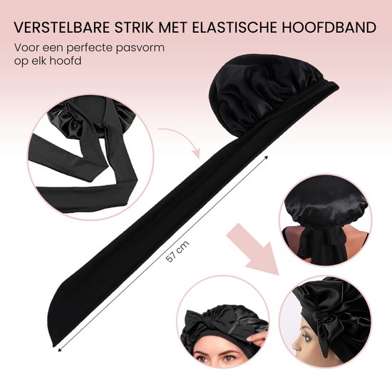 Zwarte satijnen slaapmuts met verstelbare strik en elastische hoofdband, 57 cm lang.