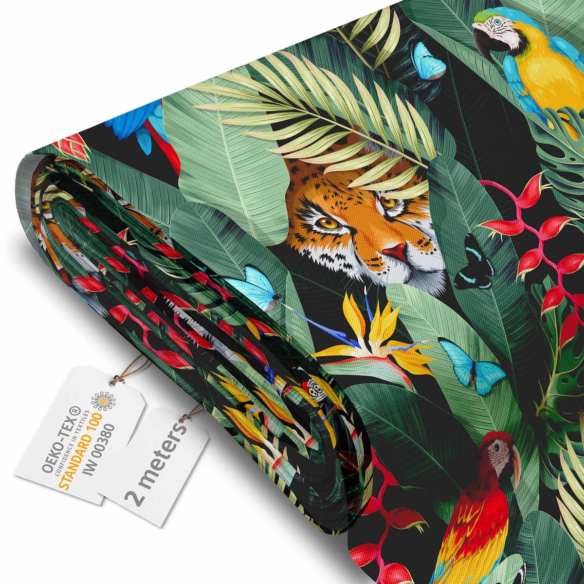 DreamRoots Canvas Waterdicht - Meubelstof per meter 160 cm breed - Waterafstotende stof 220 g/m2 600D - Luifelstof Waterdicht per meter Jaguar en Palmbladeren 2M