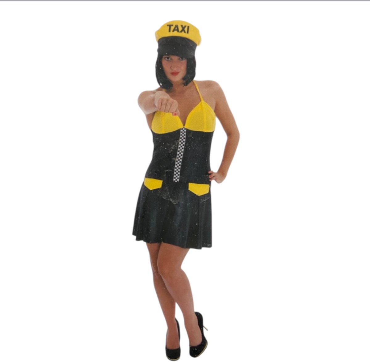 Kinky Taxi Chauffeur Kostuum – Sexy Zwart/Geel Jurkje met Bijpassende Pet – Maat XL