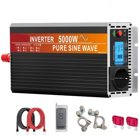 Starkbaer 2000W omvormer 24V naar 230V zuivere sinus Spanningsomvormer stroomomvormer Pure Sine Wave Inverter, met LCD afst.bed., 2EU stopcont, USB Type-c, voor auto/caravan/vrachtwagens/camping