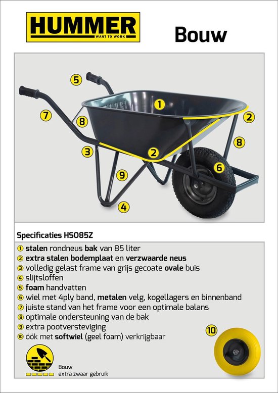 Hummer Bouwkruiwagen Pro - 85 liter - ovale buis - verzwaard van Merkloos	 — afbeelding 2