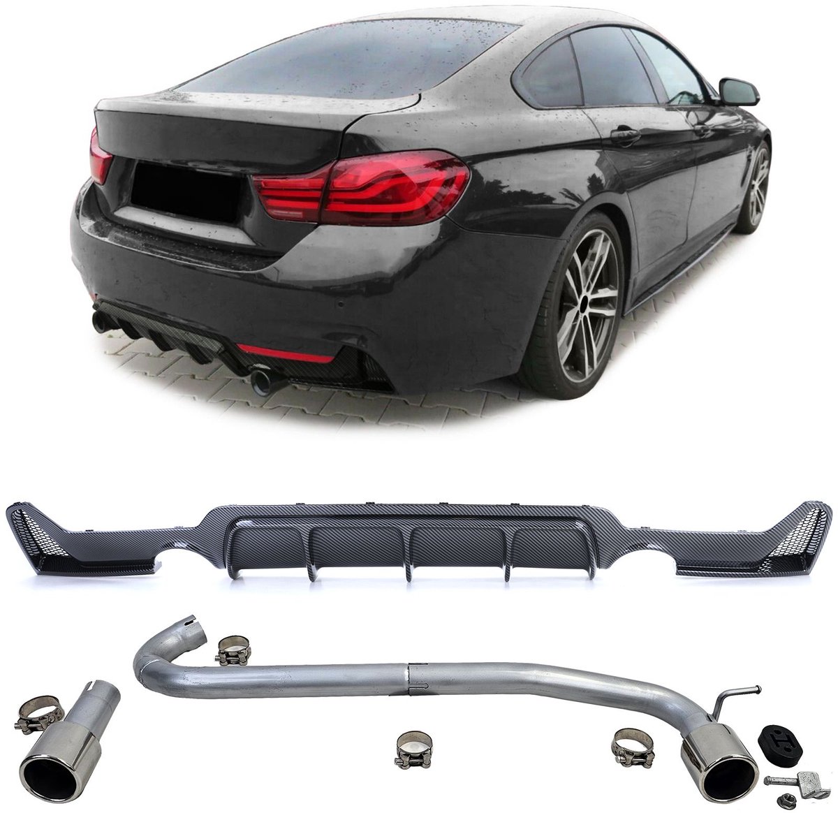 Sport Achterbumper Diffuser Carbon Look + Sport Uitlaat Chrome Sierstuk L + R Set M435 M440 Look Geschikt voor BMW 4 Serie F32 F33 F36 (425d, 428i, 430i)