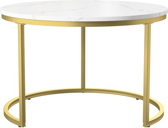 Table basse ronde (2 pièces), 70x45,5 cm, 45x40 cm, table avec plateau blanc et support de pied doré, ensemble de 2 tables basses rondes intégrées dans le côté du canapé (plateau blanc + pied doré)