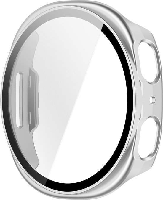 Zilveren smartwatch hoesje met een helder, reflecterend scherm.