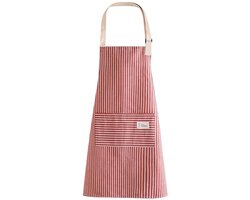 Chef-keukenschorten, verstelbaar schort, kookschort, met zak, waterdicht, katoen en linnen, gestreept patroon, voor koken, bakken en tuinieren, rood