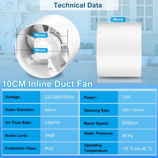 Buisventilator, 100 mm, Wit, 12V, Stille Uitlaatventilator voor