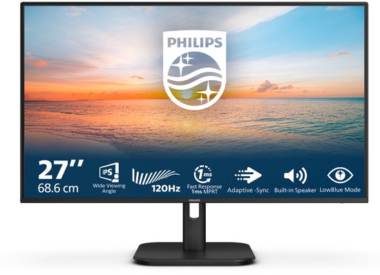 27-inch Philips monitor met IPS-paneel, 120Hz, 1ms MPRT, Adaptive-Sync, ingebouwde luidsprekers en LowBlue-modus.