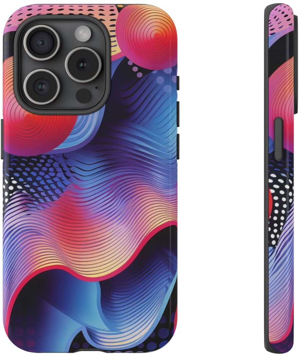 Kleurrijke Abstracte Golven en Bollen – Telefoonhoesje Geschikt voor iPhone 15 Pro