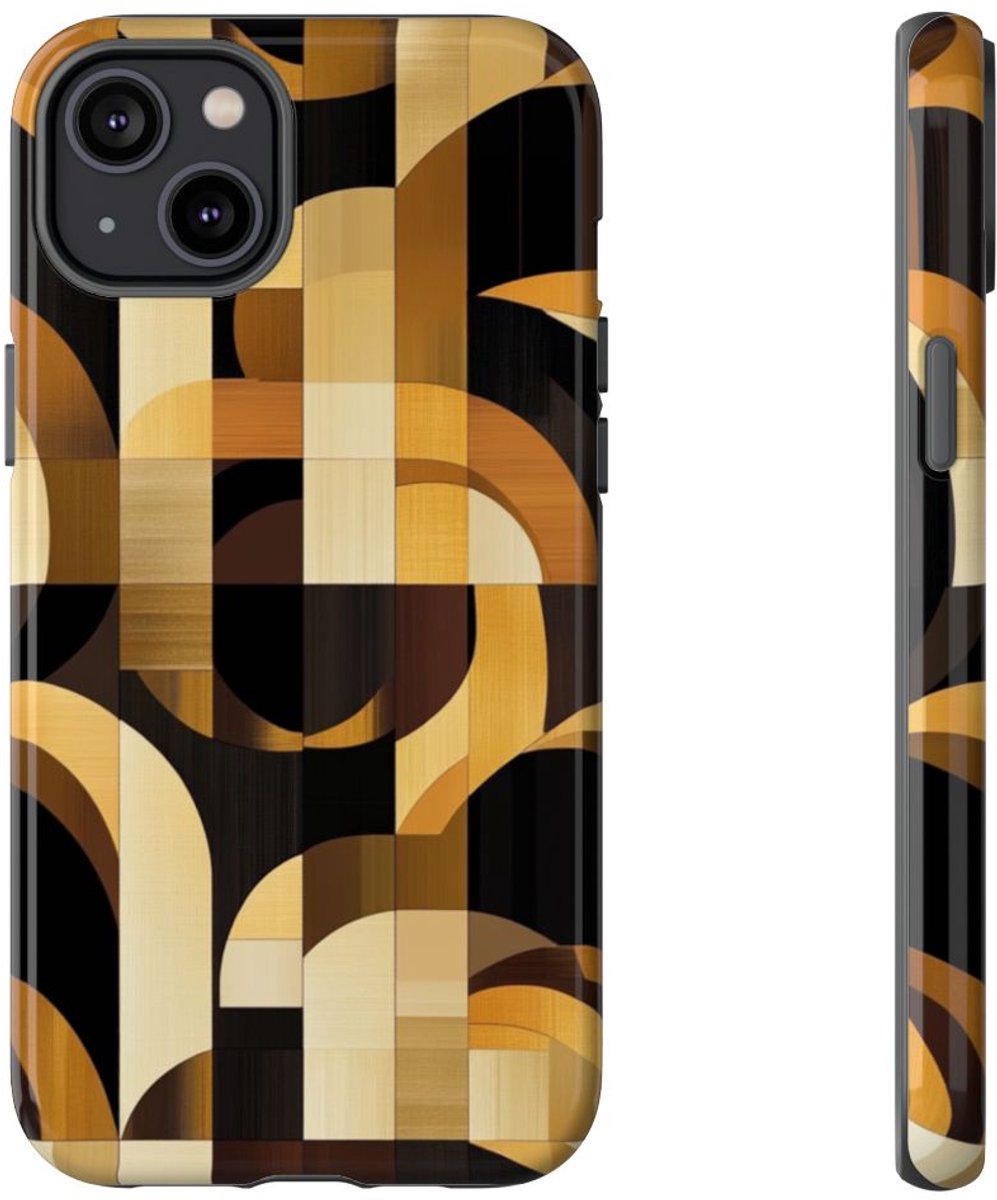 Geometrisch Bruin-Goud Art Deco Patroon – Telefoonhoesje Geschikt voor iPhone 14 Plus