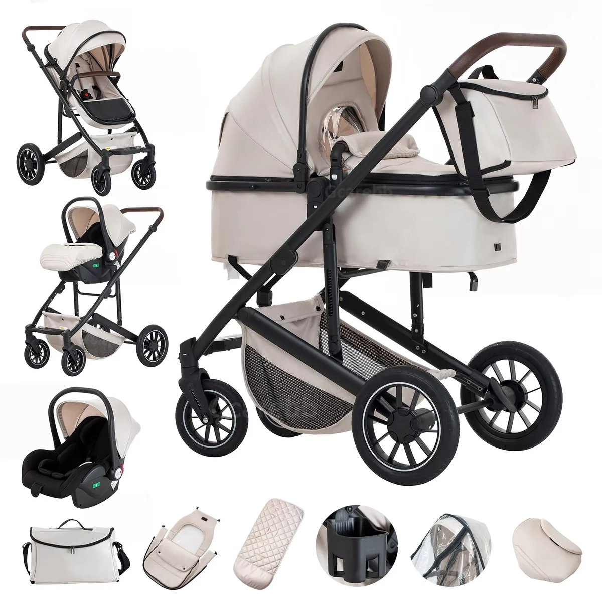 Rustive Luxe Kinderwagen 3 in 1 - Kwalitatieve Buggy - Inklapbaar - Incl. Autostoel & accessoires - Beige - Rustive - €239,95