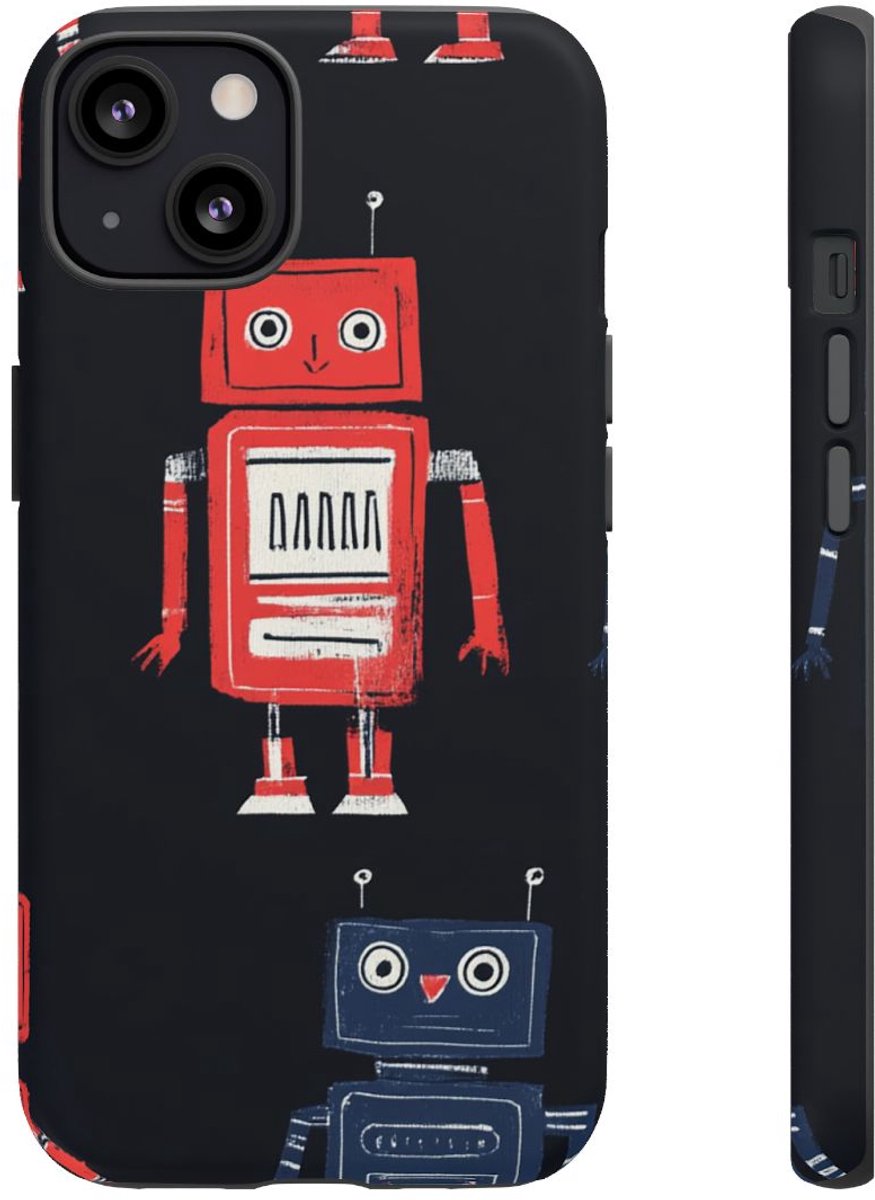 Retro Robotpatroon in Rood en Blauw – Telefoonhoesje Geschikt voor iPhone 13