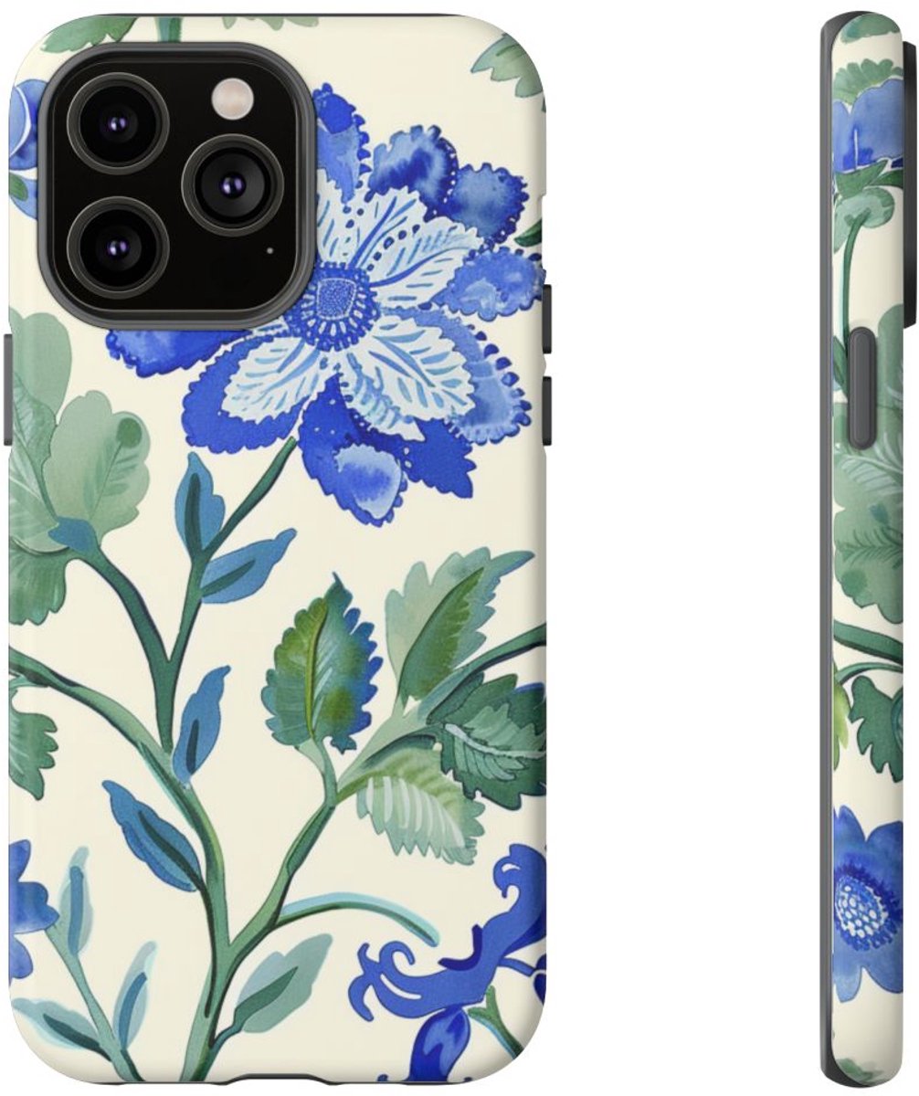 Blauw Waterverf Bloemenpatroon – Telefoonhoesje Geschikt voor iPhone 14 Pro Max