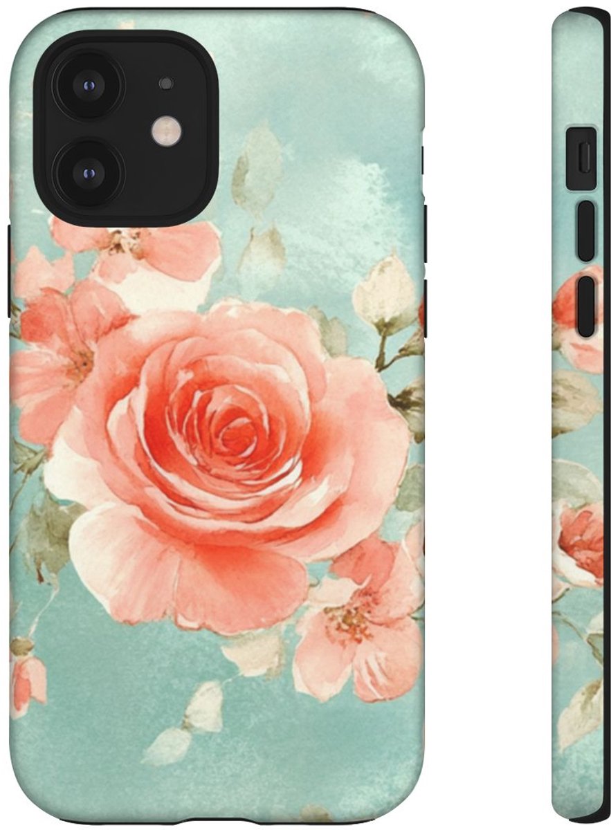 Aquarel Roze Rozen op Turquoise Achtergrond – Telefoonhoesje Geschikt voor iPhone 12