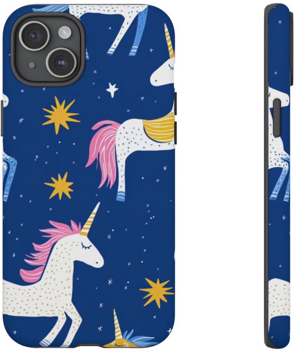 Kleurrijke Eenhoorns met Sterrenpatroon – Telefoonhoesje Geschikt voor iPhone 15 Plus