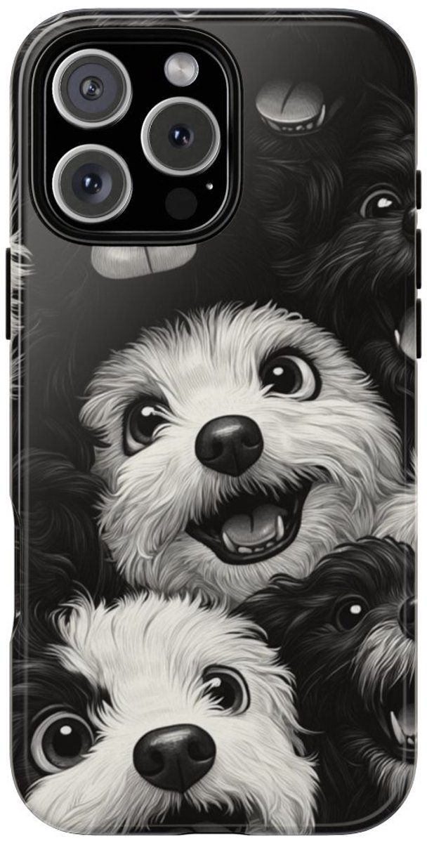Zwart-Wit Vrolijke Hondenkoppen Patroon – Telefoonhoesje Geschikt voor iPhone 16 Pro Max