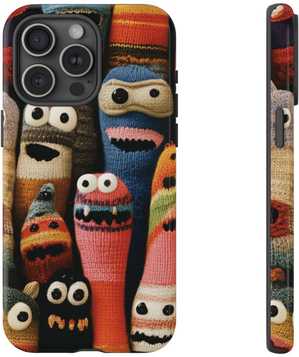 Vrolijke Gebreide Monsterfiguren – Telefoonhoesje Geschikt voor iPhone 15 Pro Max