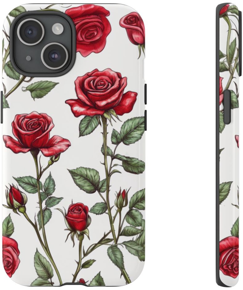 Rode Rozen Botanisch Patroon – Telefoonhoesje Geschikt voor iPhone 15
