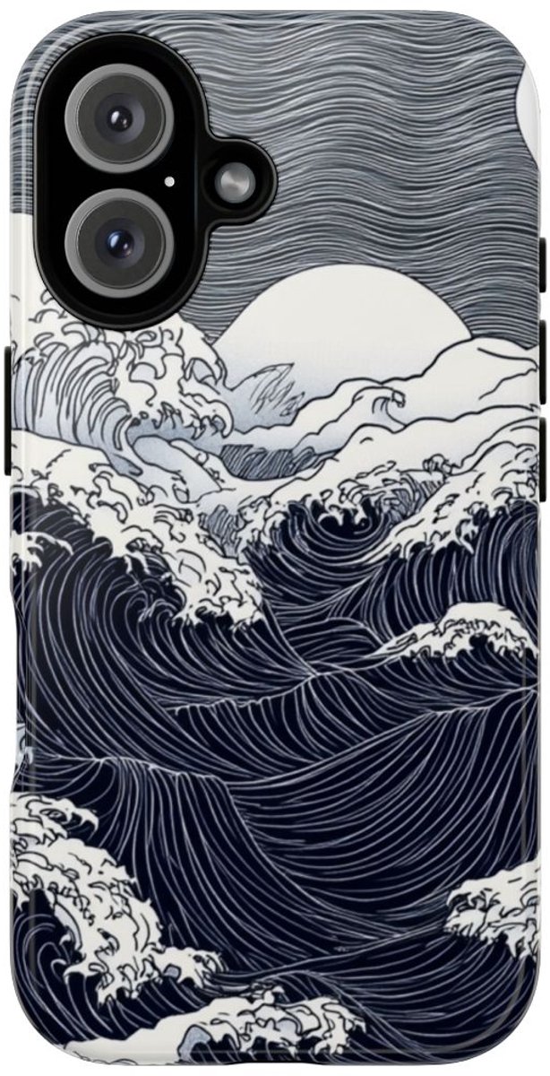 Monochrome Oceaangolven met Maan – Telefoonhoesje Geschikt voor iPhone 16