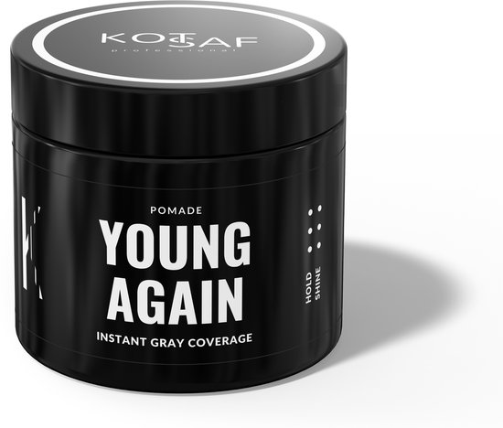 Zwarte pot pomade met witte tekst: 'POMADE YOUNG AGAIN INSTANT GRAY COVERAGE'. KOTS AF PROFESSIONALS.