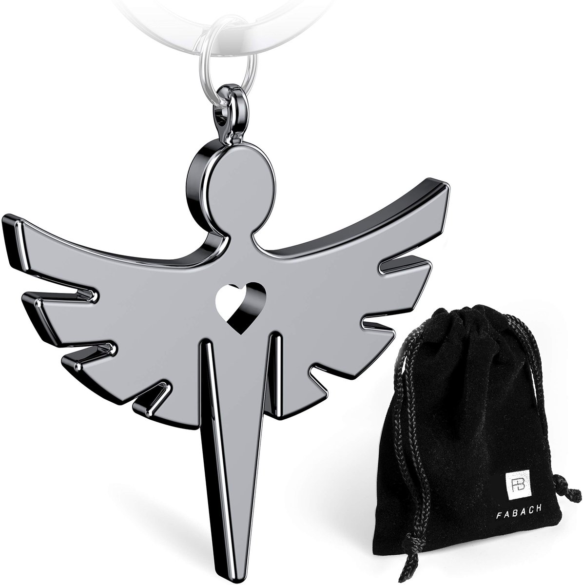 FABACH Beschermengel Fabiel Sleutelhanger met Hart - Edele Engel Hanger van Metaal in Glanzend Zilver - Geluksbrenger Cadeau voor Auto, Rijbewijs - Rijd Voorzichtig
