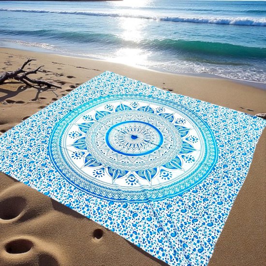 Super dun strandkleed - dun strandlaken - ruimtebesparend in je koffer - Blauw/wit - Mandala kleed - Yoga kleed - wandkleed - zomer sprei - 210X220