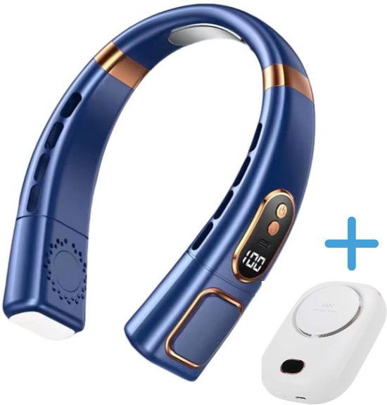 Draagbare Nekventilator & Handventilator Combo – Oplaadbaar, Stil, 5 Snelheden, USB, Snelle Koeling – Blauw