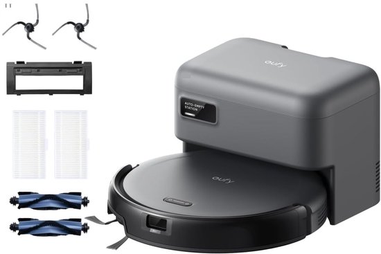 eufy Auto-Empty C10 robotstofzuiger met Vervangingssets , slanke behuizing van 7,2 cm, tapijtreiniger, edge expansion borstel, automatisch legen, point laser en multi-infrarood navigatie
