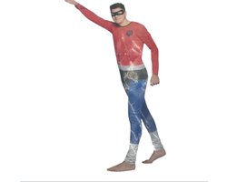 Kinky Superhero Kostuum – Strak Blauw/Rood Superheldenpak met Zwarte Cape & Masker – Maat XL