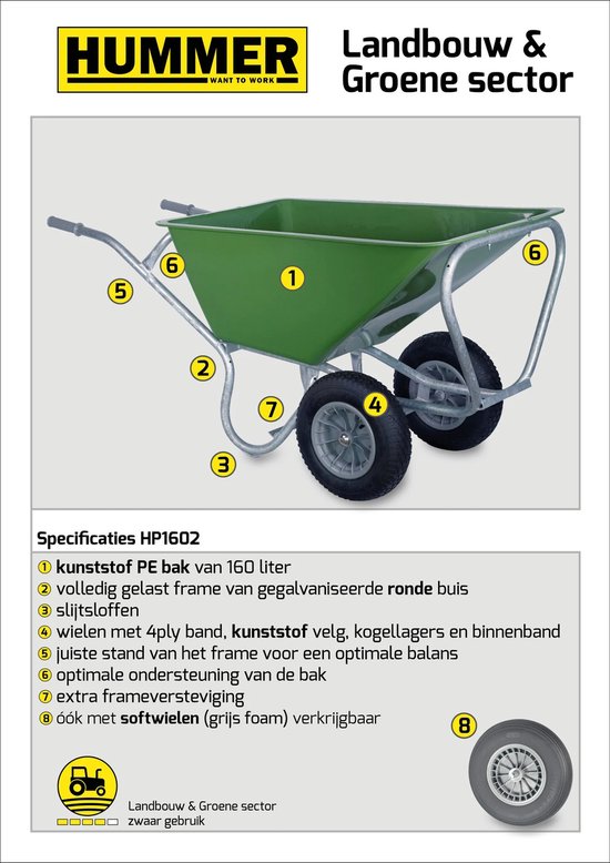 Hummer PRO Stalkruiwagen 160L groen - dubbele wielen van Merkloos	 — afbeelding 2