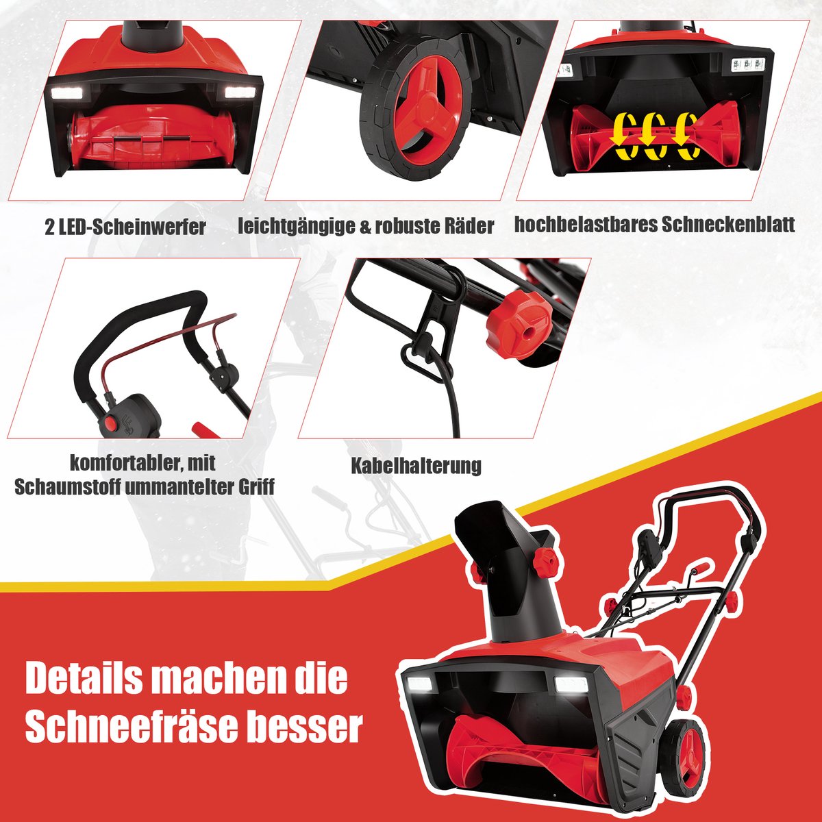 HUOMMGS Elektrische sneeuwblazer met 2 ledlampen, 7,6 m werfbreedte en