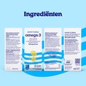 Verpakking van Arctic Blue Omega 3 visolie, met tekst over ingrediënten in meerdere talen.