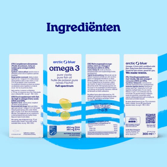 Verpakking van Arctic Blue Omega 3 visolie, met tekst over ingrediënten in meerdere talen.
