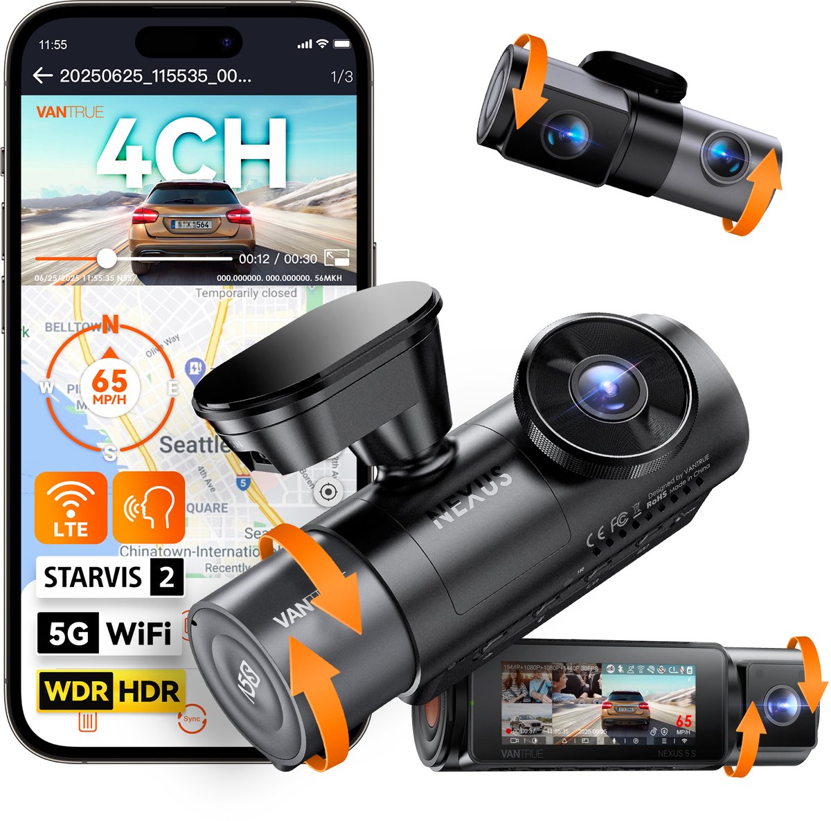 Vantrue N5S 4-kanaals 360 graden WiFi-dashcam, STARVIS 2, IR-nachtzicht, 2.7K+1080P*2+1440P voor-/achter-/binnenkant dashcam, spraakbesturing, GPS, LTE-ondersteuning, 24 uur parkeermodus, ondersteunt max. 1TB