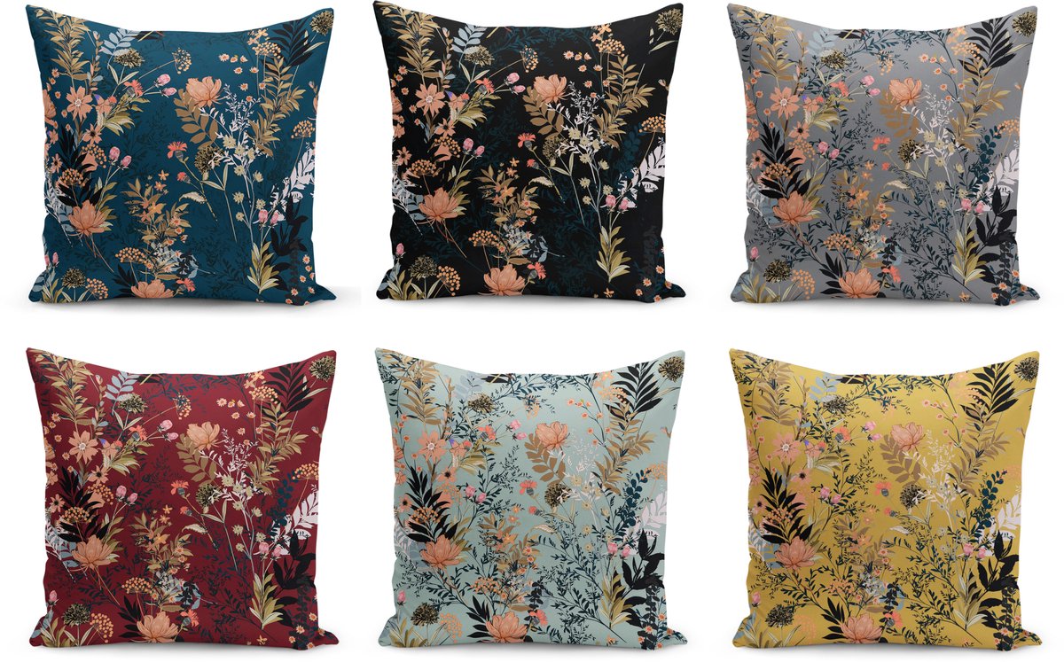 De Groen Home Velvet Kussenhoes set van 6 stuks - 50x50 cm - Bloemen - Kussensloop - Aan beide zijdig bedrukt Divers