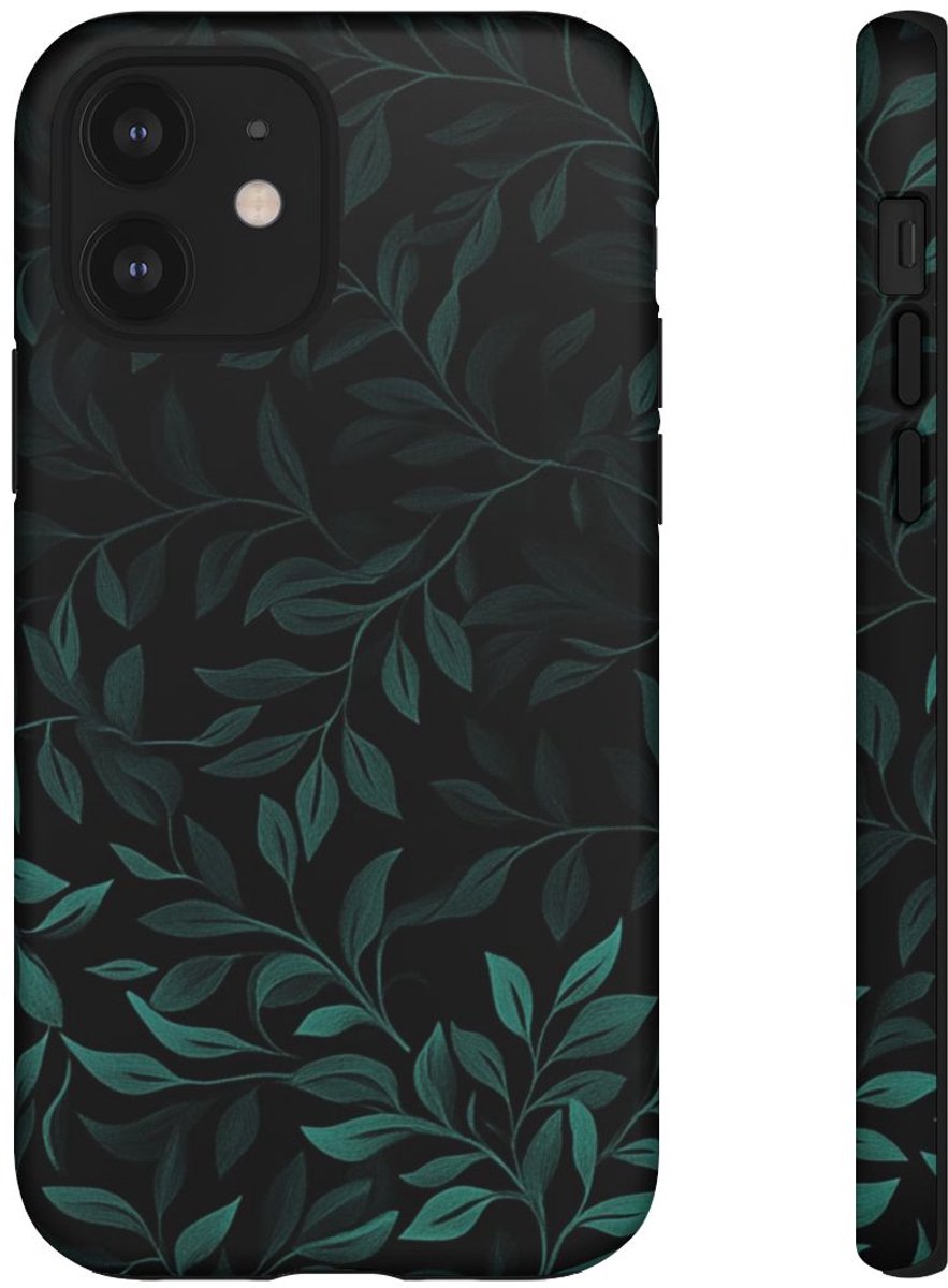 Zwart en Donkergroen Bladerpatroon – Telefoonhoesje Geschikt voor iPhone 12