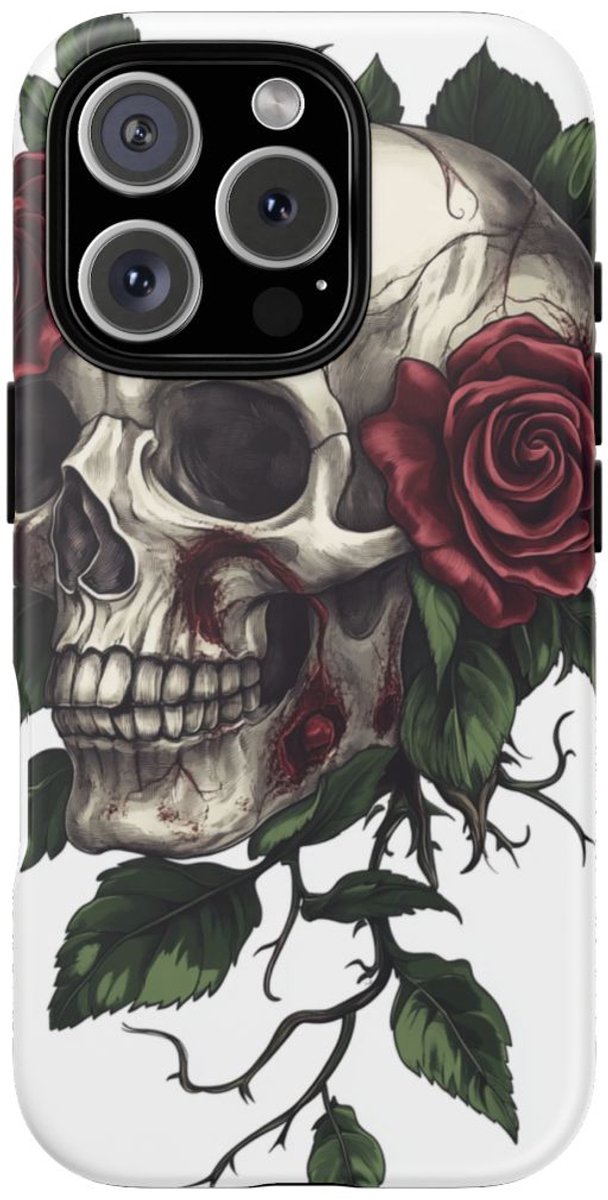 Schedel met Rode Rozen en Groene Bladeren – Telefoonhoesje Geschikt voor iPhone 16 Pro