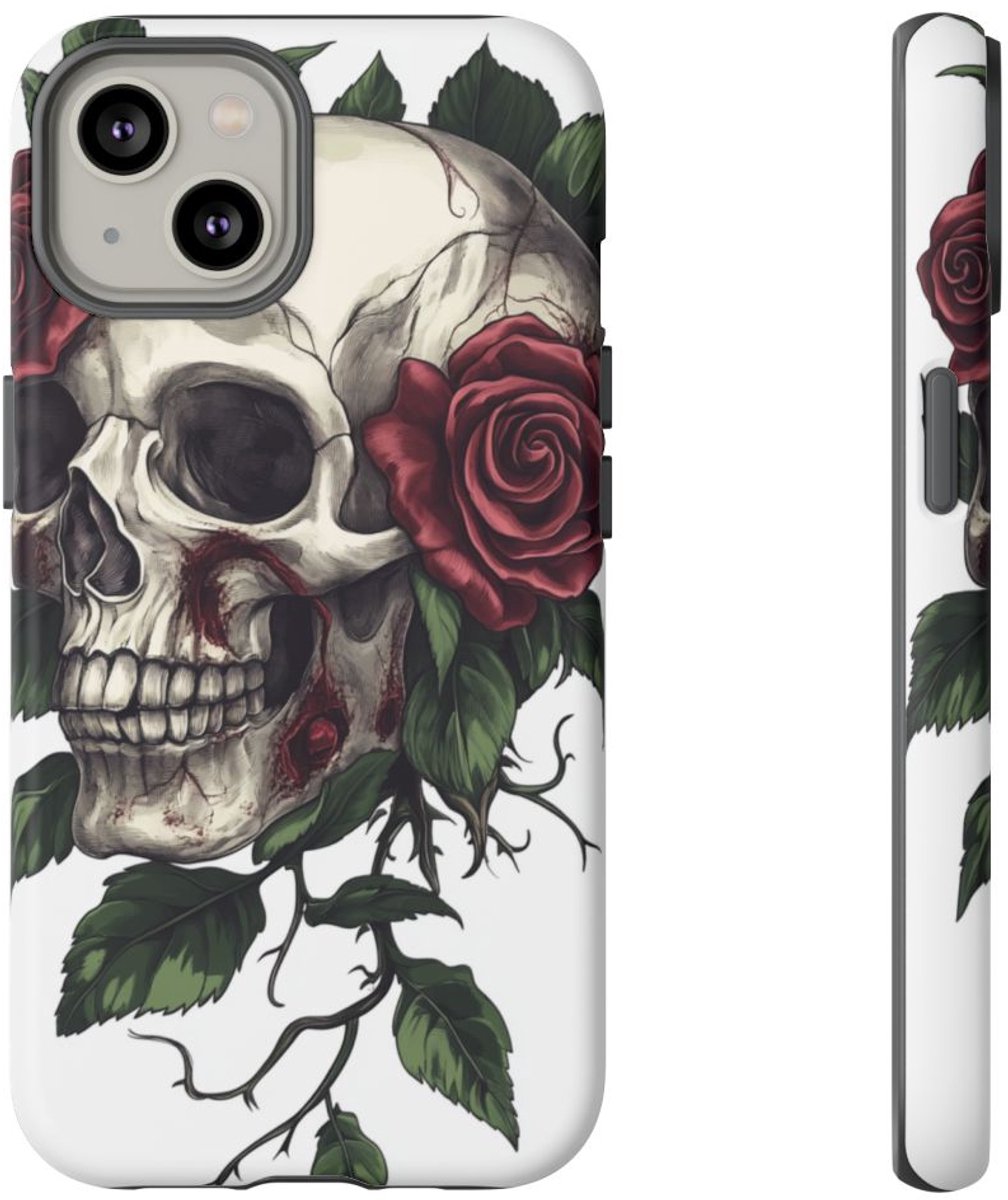 Schedel met Rode Rozen en Groene Bladeren – Telefoonhoesje Geschikt voor iPhone 14