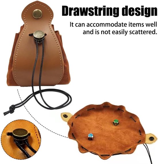 Lederen dobbelstenen tas - Trekkoord Vintage RPG Pouch voor Munten Valuta, Dobbelstenen en Kleine Accessoires - Bruin - Retro van Merkloos	 — afbeelding 5