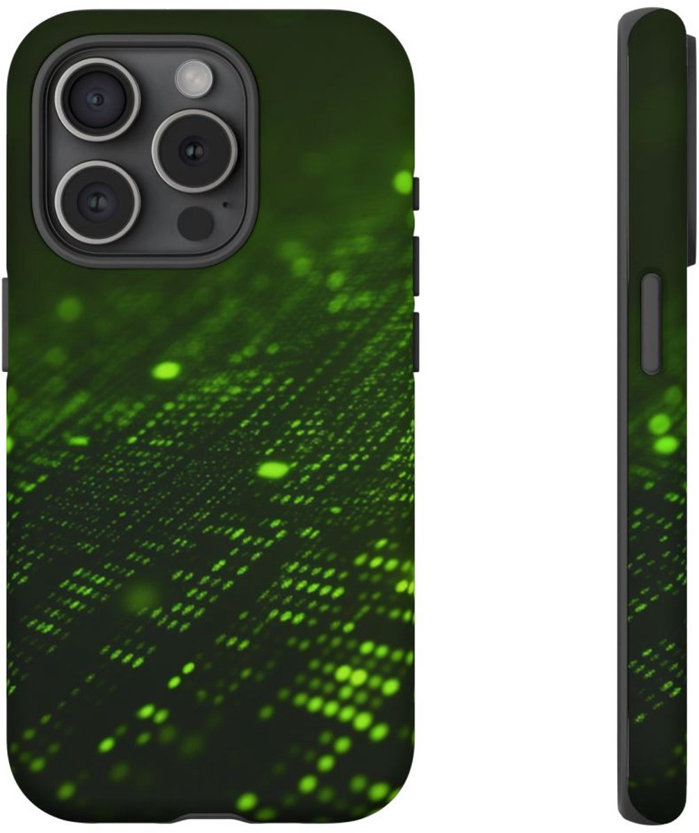 Abstract Digitaal Groen Deeltjesraster – Telefoonhoesje Geschikt voor iPhone 15 Pro