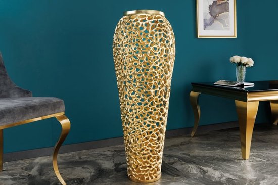 Vase XXL design filigrane FEUILLE ABSTRAITE 90cm doré fait main - 43220