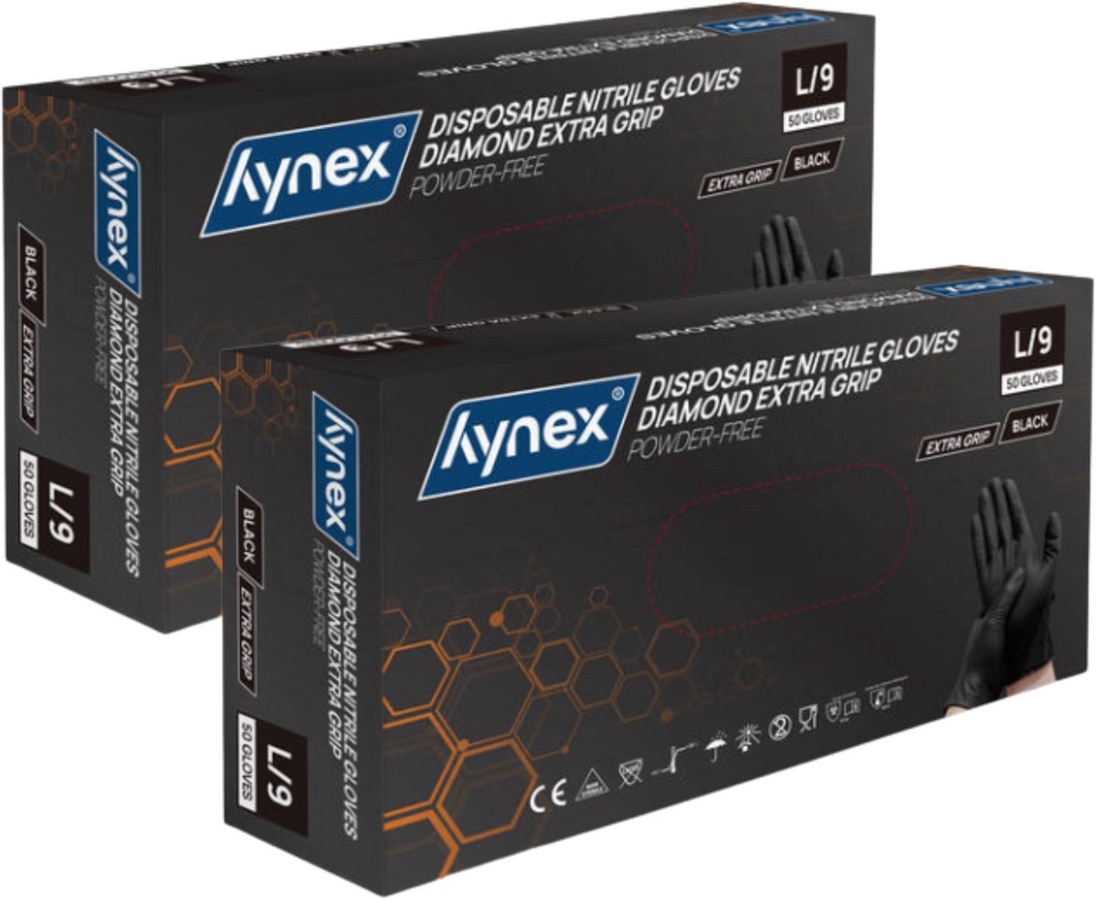 Hynex Diamond Extra Grip Nitrile PF (2x stuk) 8,0 gr - L - Black – 50 box