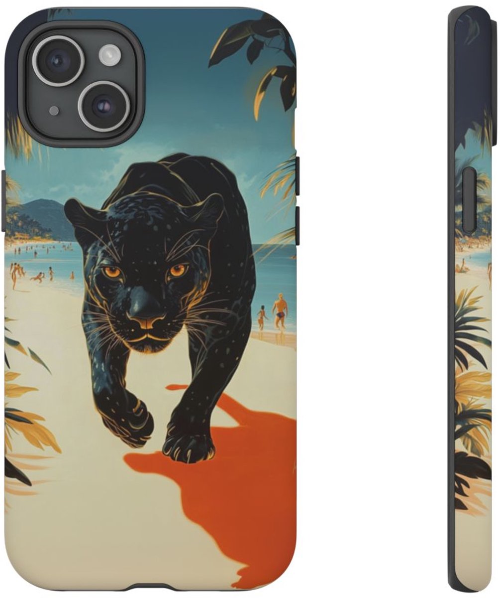Zwarte Panter op het Strand – Telefoonhoesje Geschikt voor iPhone 15 Plus